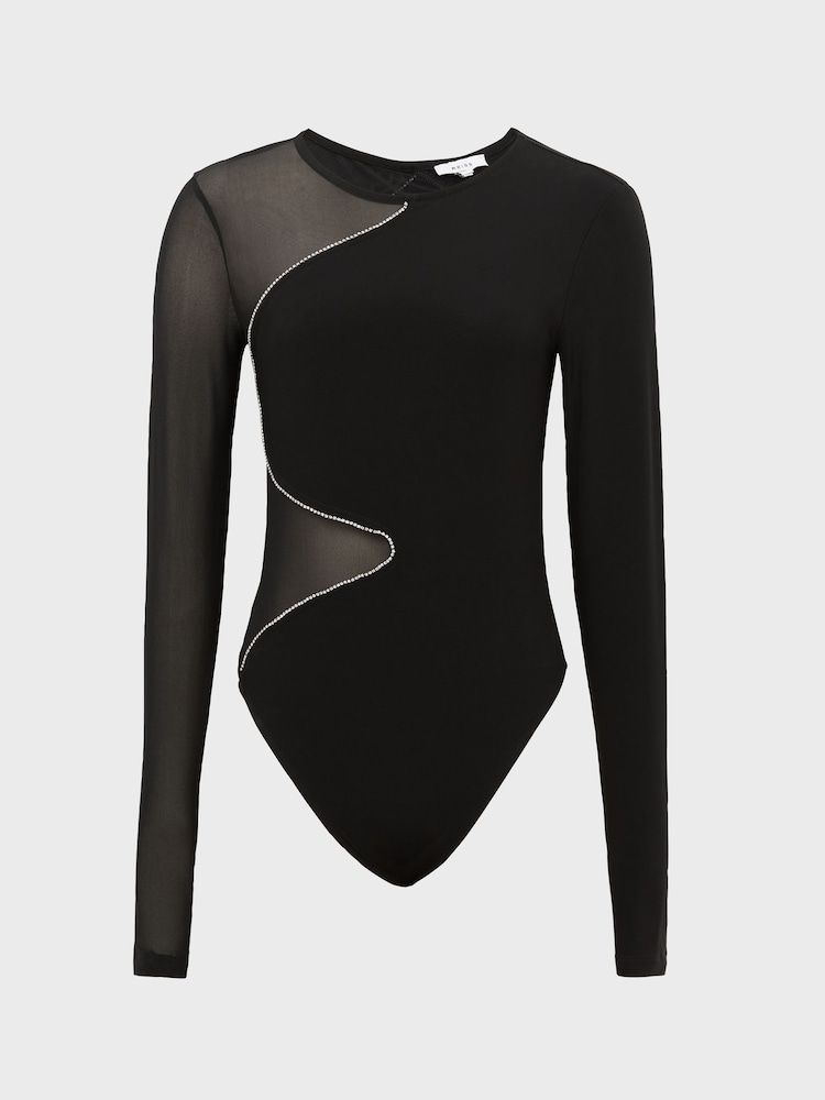 Reiss Black Felicity Mesh Diamanté Detail Bodysuit - Image 2 of 7