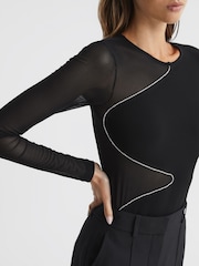 Reiss Black Felicity Mesh Diamanté Detail Bodysuit - Image 4 of 7