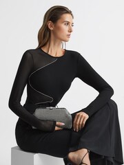Reiss Black Felicity Mesh Diamanté Detail Bodysuit - Image 7 of 7