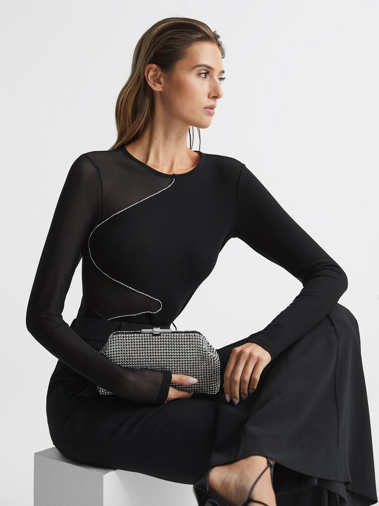 Reiss Black Felicity Mesh Diamanté Detail Bodysuit - Image 7 of 7