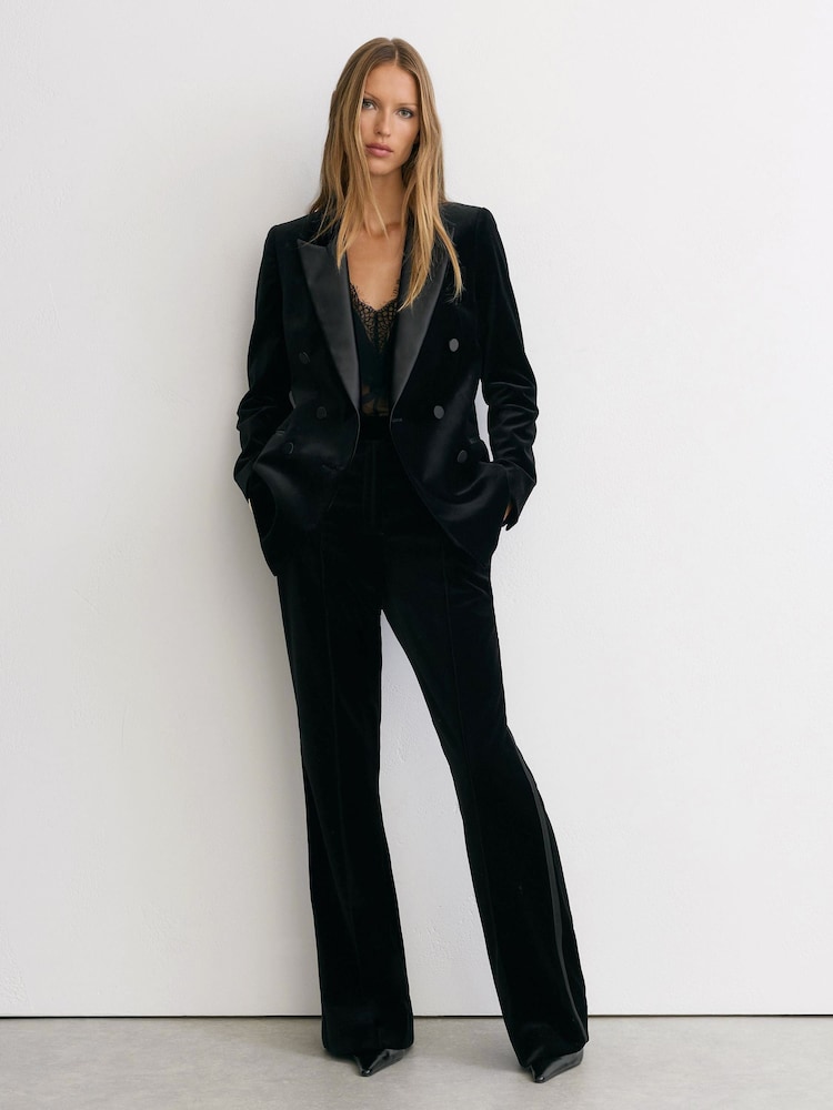 Reiss Black Wren Tall Velvet Flared Tuxedo Trousers - Image 1 of 10 Reiss Black Wren Tall Velvet Flared Tuxedo Trousers - Image 1 of 10