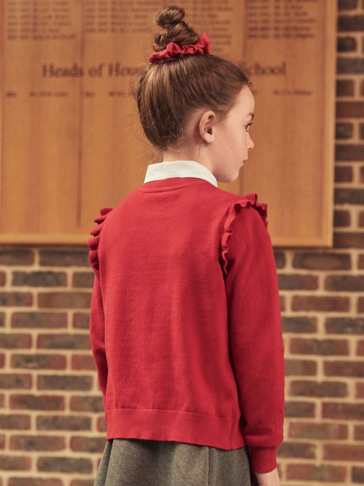Red Cotton Rich Frill Shoulder School Cardigan (3-16yrs) - Image 2 of 7