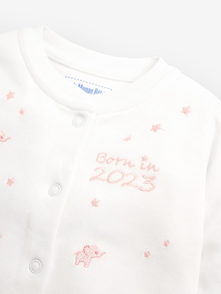 JoJo Maman Bébé Pink Born in 2023 Embroidered Sleepsuit - Image 2 of 3