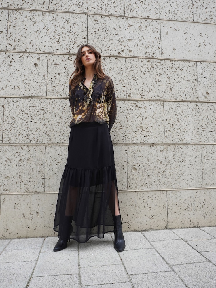 Religion Black Tiered Maxi Skirt In Sheer Georgette and Short Lining - Image 1 of 8