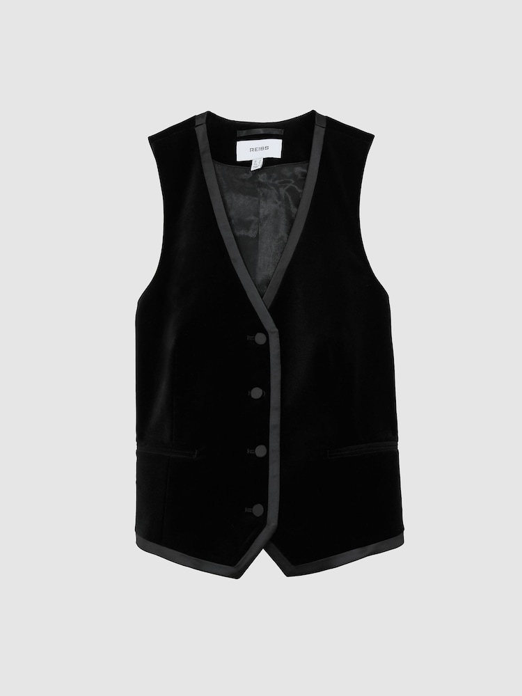 Černý - Reiss Wren Velvet Satin-Trim Tailored Waistcoat - Obrázek 2 z 8