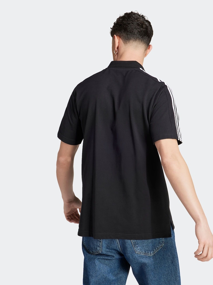 adidas Black Essentials Piqué Embroidered Small Logo 3-Stripes 100% Cotton Polo Shirt - Image 2 of 8
