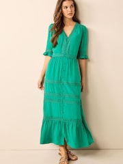Green Lace Trim Button Through Dress - Image 2 of 5