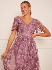 Chi Chi London Purple V-Neck Embroidered Midi Dress - Image 1 of 4