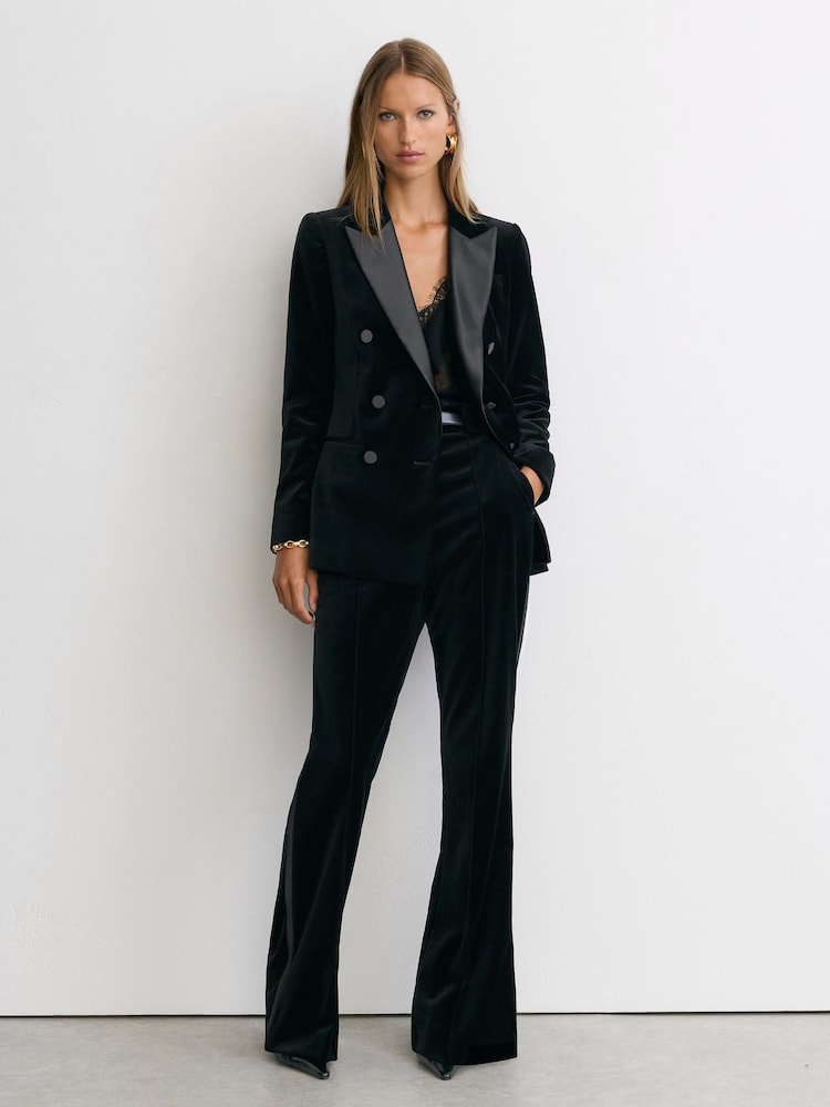 Reiss Black Wren Petite Velvet Double-Breasted Tuxedo Blazer - Image 1 of 9 Reiss Black Wren Petite Velvet Double-Breasted Tuxedo Blazer - Image 1 of 9