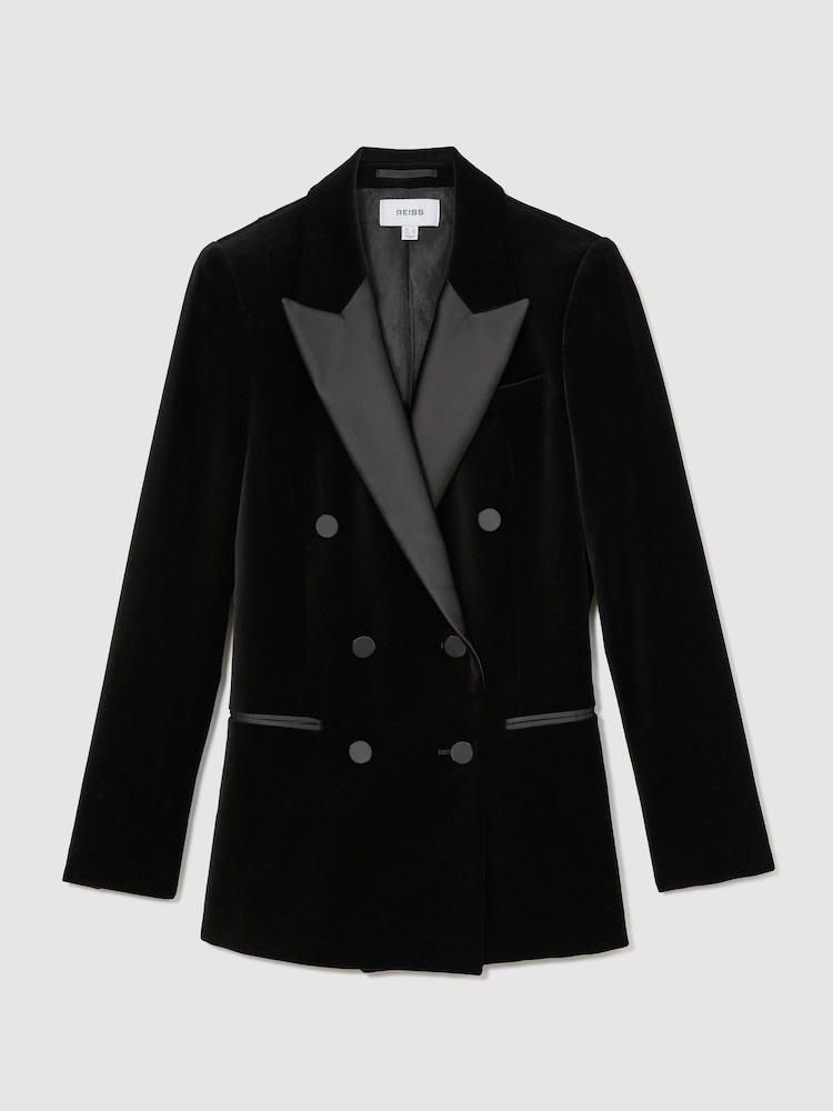 Reiss Black Wren Petite Velvet Double-Breasted Tuxedo Blazer - Image 2 of 9 Reiss Black Wren Petite Velvet Double-Breasted Tuxedo Blazer - Image 2 of 9
