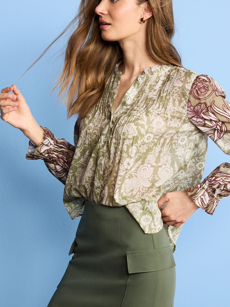 Green Floral Ruffle Neck Long Sleeve Blouse - Image 1 of 5 Green Floral Ruffle Neck Long Sleeve Blouse - Image 1 of 5
