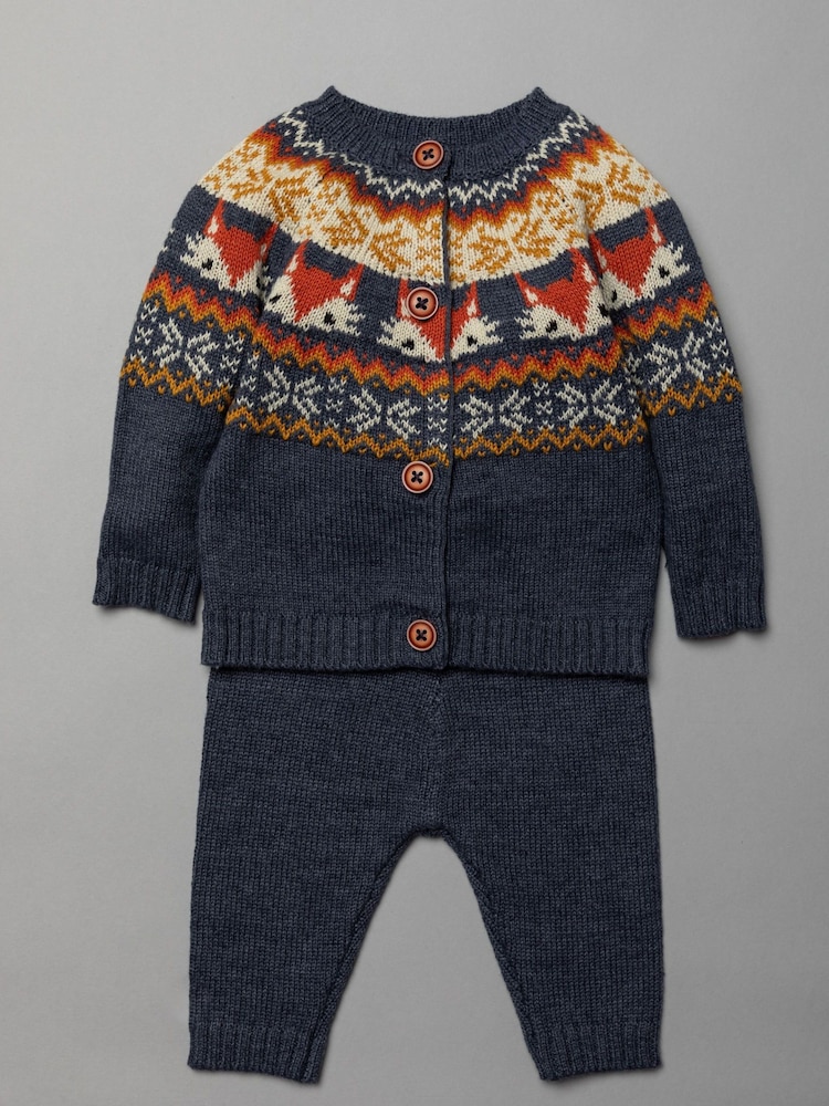Bonjour Bebe Blue Fairisle Pattern Knitted 2 Piece Jumper And Bottom Set - Image 1 of 4