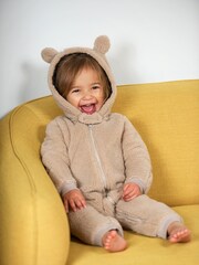 Frugi 100% Cotton Snuggle Fleece Brown Pramsuit All-In-One - Image 1 of 7