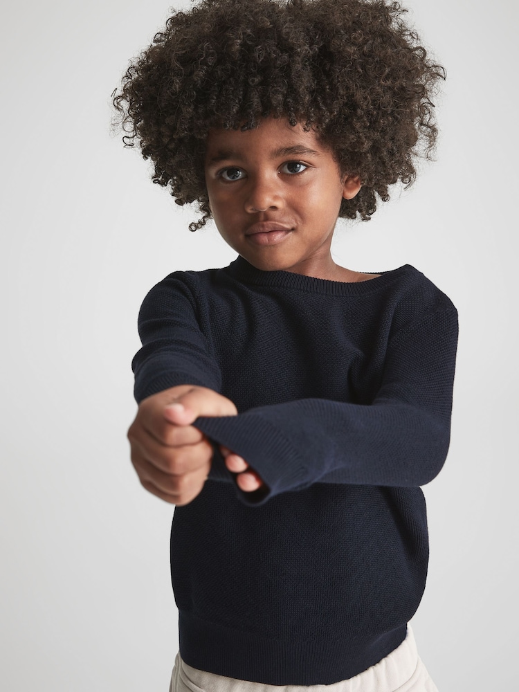 Reiss Navy Brookes Junior Stitch Interest Crew Neck Jumper - Image 1 of 6