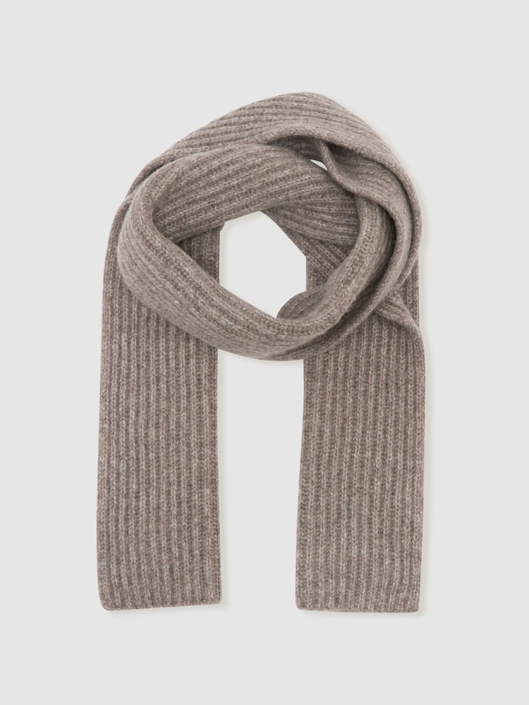 Reiss Taupe Brown Melange Arwel Wool-Blend Rib-Knit Scarf - Image 1 of 4 Reiss Taupe Brown Melange Arwel Wool-Blend Rib-Knit Scarf - Image 1 of 4
