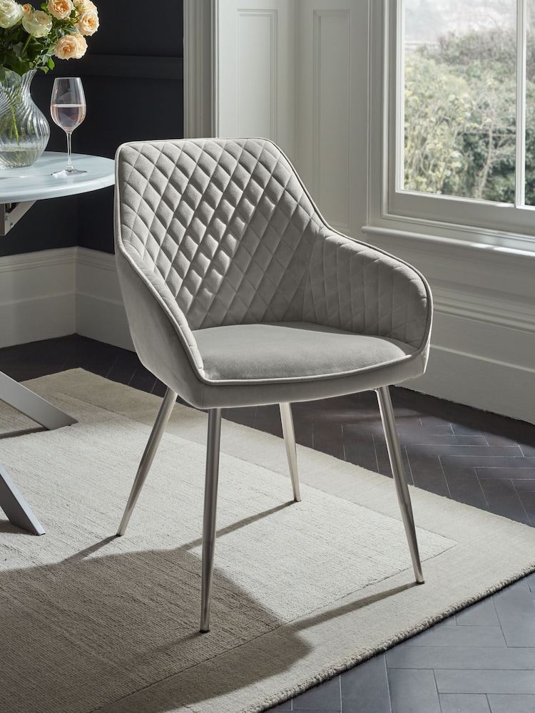 Set of 2 Soft Velvet Mid Grey Brushed Chrome Leg Hamilton Arm Dining Chairs - Image 1 of 8
