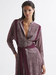 Reiss Burgundy Tanis Petite Mixed Print Midi Dress - Image 1 of 8