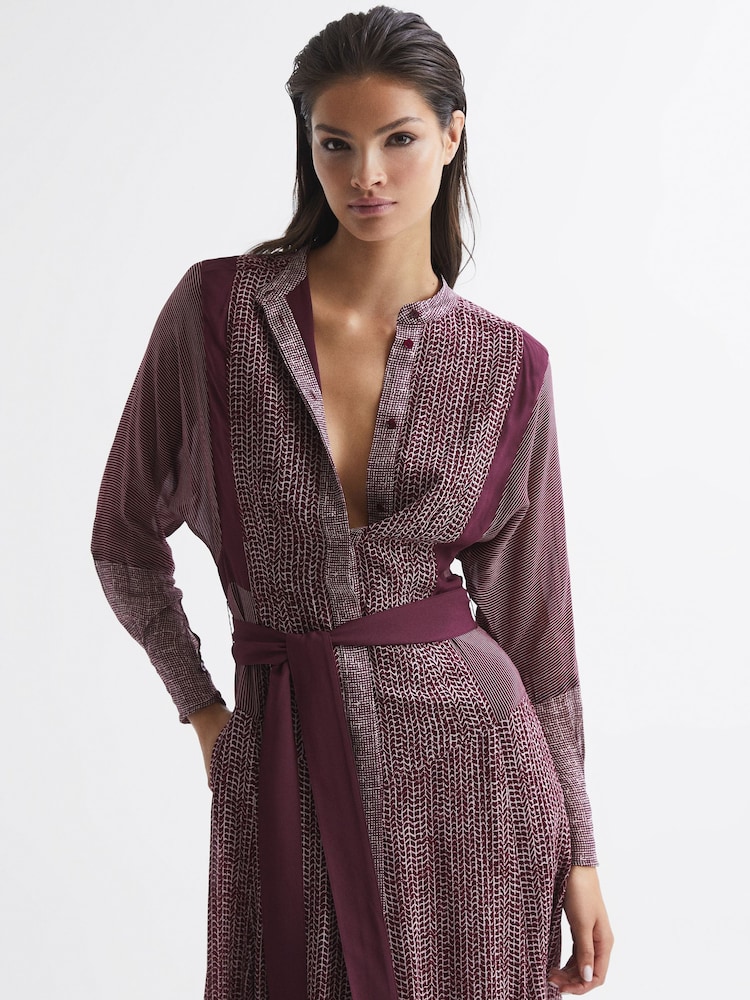 Reiss Burgundy Tanis Petite Mixed Print Midi Dress - Image 1 of 8