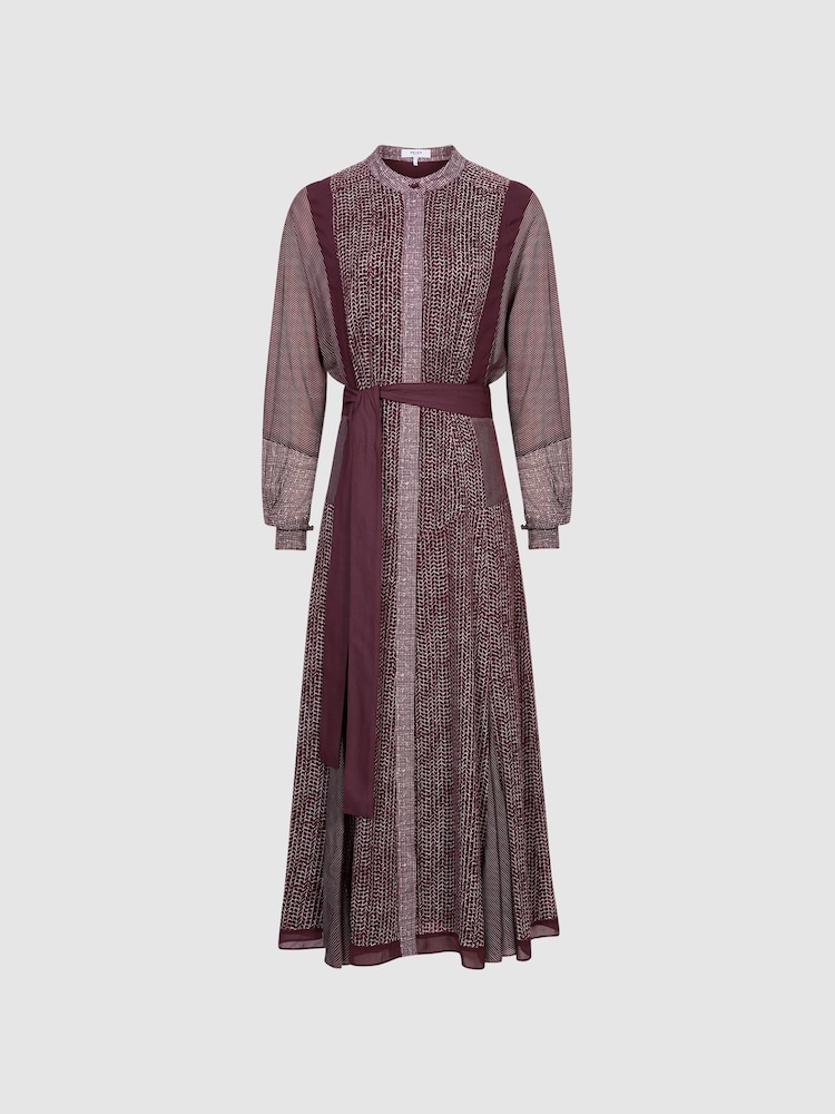 Reiss Burgundy Tanis Petite Mixed Print Midi Dress - Image 2 of 8
