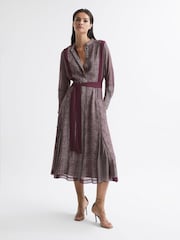 Reiss Burgundy Tanis Petite Mixed Print Midi Dress - Image 3 of 8