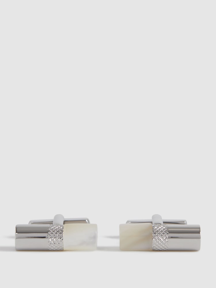 Reiss Silver/Mop Dexter Stone Insert Barrel Cufflinks - Image 1 of 5