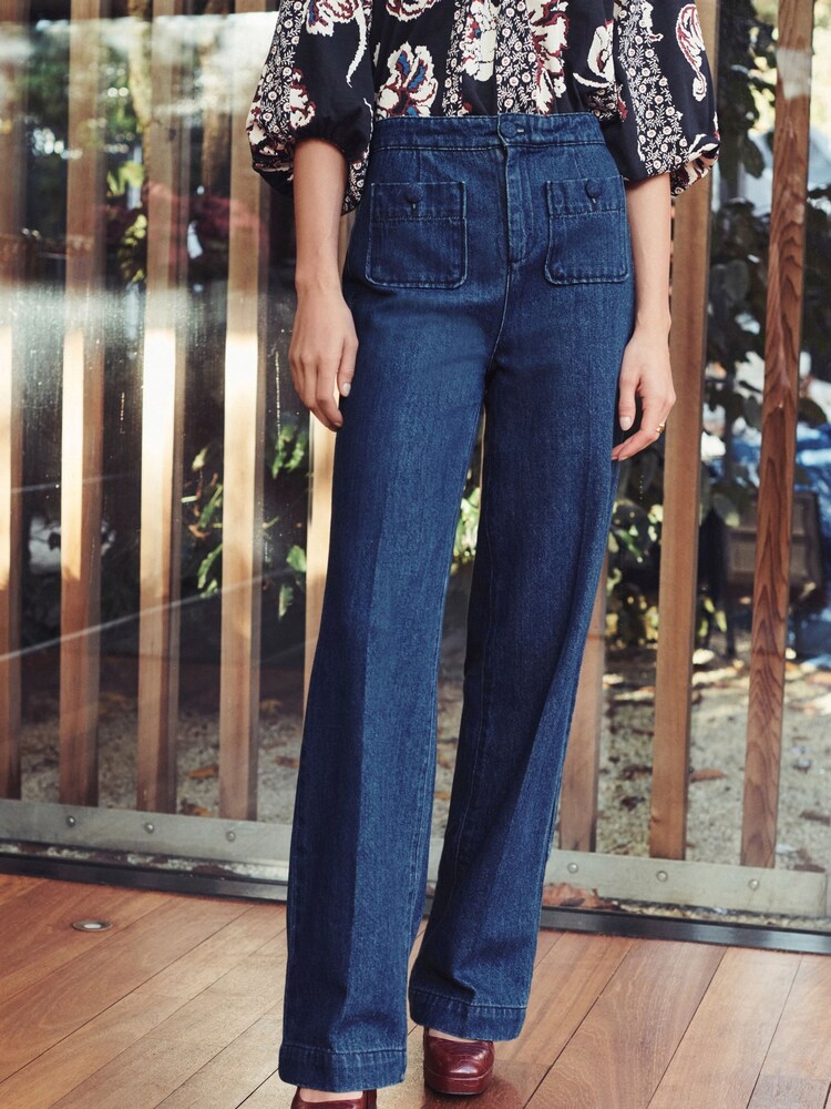 Izpiranje modra - Formalne kavbojke s širokimi hlačnicami patch Pocket - Slika 2 iz 5