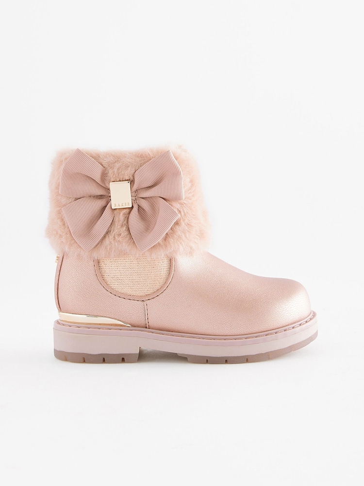 Baker by Ted Baker Girls Pink Faux Fur Cuff Boots with Bow - Image 2 of 5