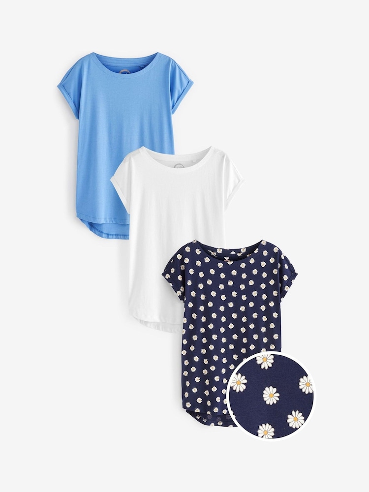 Blanco/Azul/Estampado de margaritas - Pack de 3 camisetas de algodón 100 % con mangas casquillo - Imagen 1 de 10