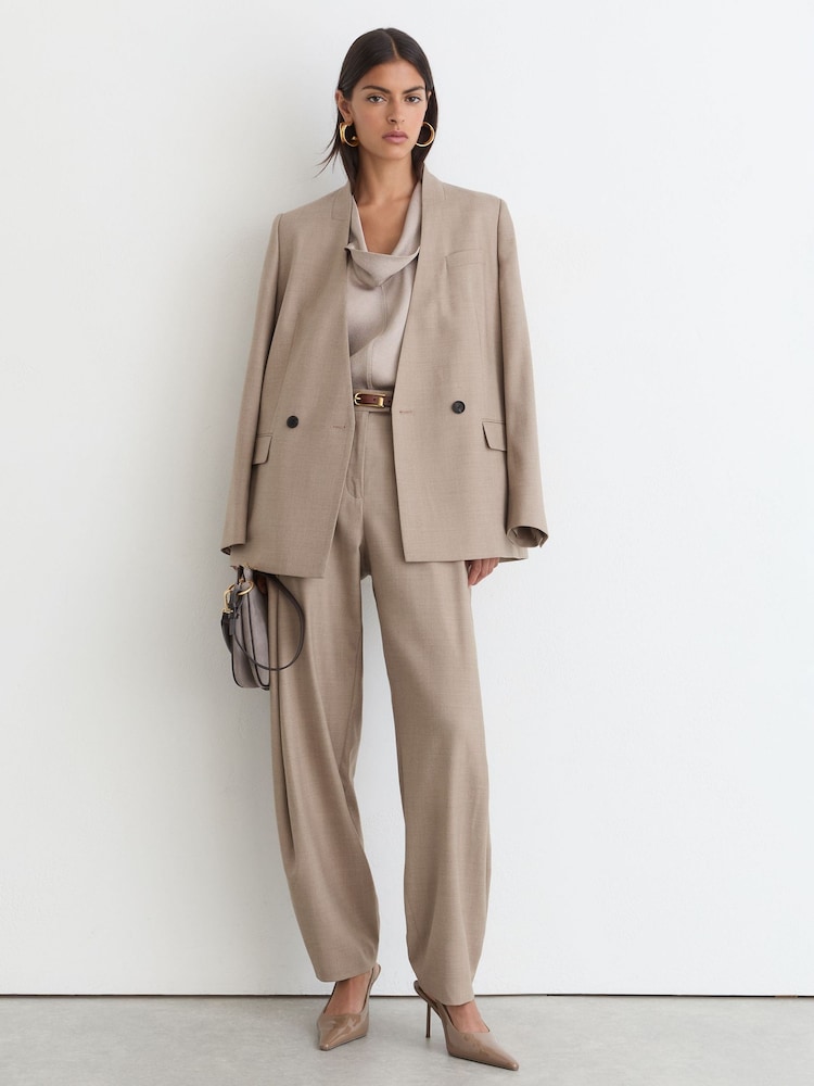 Reiss Neutral Juniper Wool-Blend Barrel-Leg Suit Trousers - Image 1 of 7
