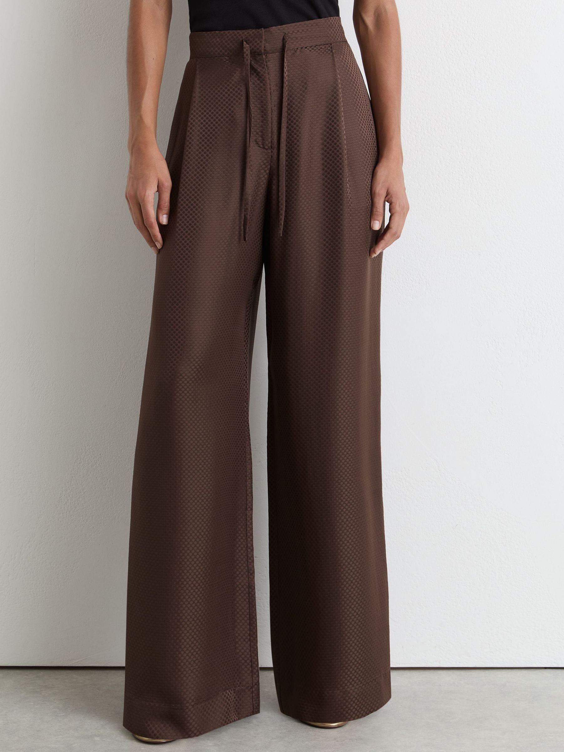 Buy Reiss Mocha Brown Aliana Silk Jacquard Wide-Leg Trousers from