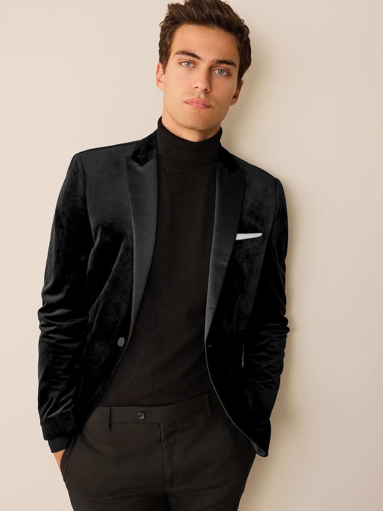 Black Regular Fit Velvet Blazer - Image 1 of 14
