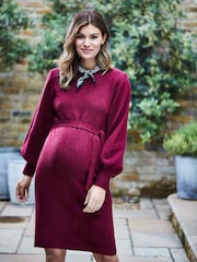 JoJo Maman Bébé Burgundy Red Blouson Sleeve Knitted Maternity Dress - Image 1 of 5