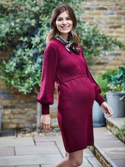 JoJo Maman Bébé Burgundy Red Blouson Sleeve Knitted Maternity Dress - Image 2 of 5