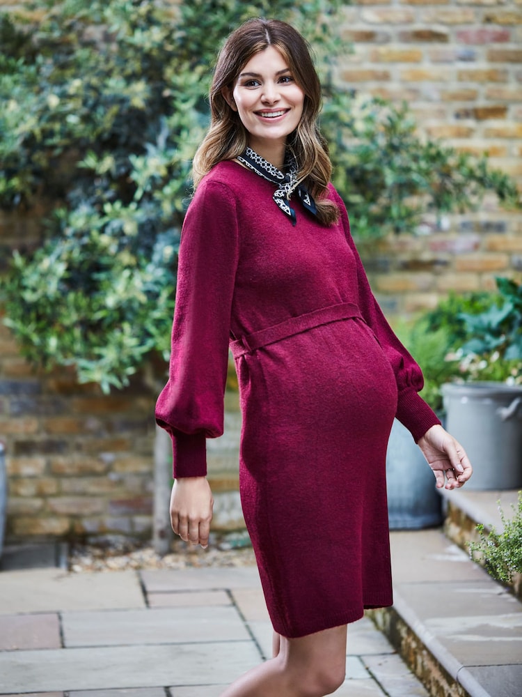 JoJo Maman Bébé Burgundy Red Blouson Sleeve Knitted Maternity Dress - Image 2 of 5