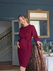 JoJo Maman Bébé Burgundy Red Blouson Sleeve Knitted Maternity Dress - Image 3 of 5
