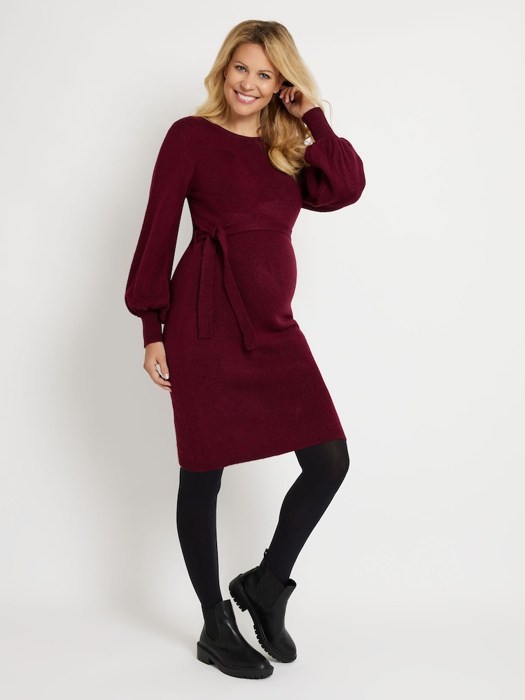 JoJo Maman Bébé Burgundy Red Blouson Sleeve Knitted Maternity Dress - Image 4 of 5