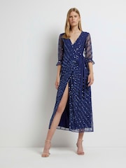 River Island Navy Blue Wrap Front Maxi Dress - Image 1 of 5