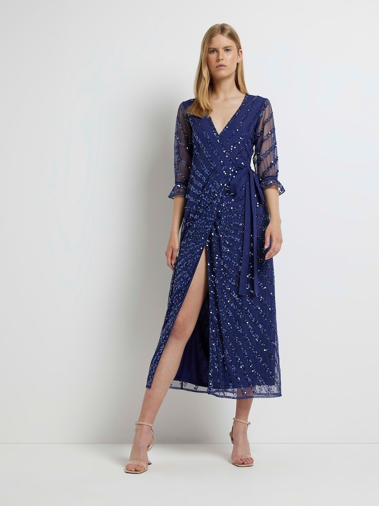 River Island Navy Blue Wrap Front Maxi Dress - Image 1 of 5