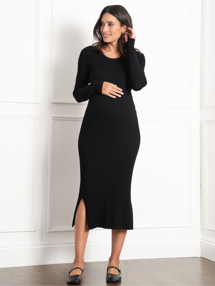 Seraphine Black Crew Neck Layered Knit Maternity Dress - Image 1 of 7