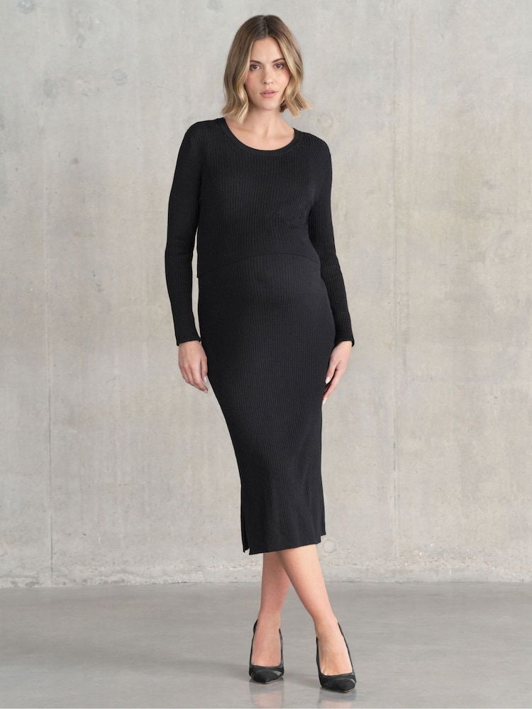 Seraphine Black Crew Neck Layered Knit Maternity Dress - Image 2 of 4 Seraphine Black Crew Neck Layered Knit Maternity Dress - Image 2 of 4