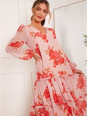 Chi Chi London Pink Long Sleeve Floral Printed Midi Summer Dress - Image 3 of 5