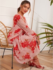 Chi Chi London Pink Long Sleeve Floral Printed Midi Summer Dress - Image 4 of 5
