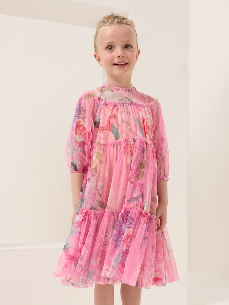 Angel & Rocket Pink Floral Eleanor Print Mesh Dress - Image 1 of 6