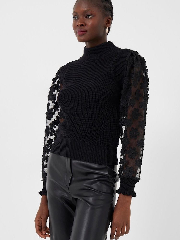 French Connection Juri Mozart Mock Neck Lace Sleeve Black Jumper - Image 4 of 4