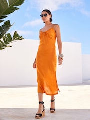 Orange Rochelle 100% Linen Ruffle Midi Summer Dress - Image 1 of 5