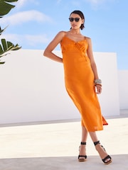 Orange Rochelle 100% Linen Ruffle Midi Summer Dress - Image 2 of 5