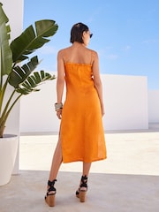 Orange Rochelle 100% Linen Ruffle Midi Summer Dress - Image 3 of 5