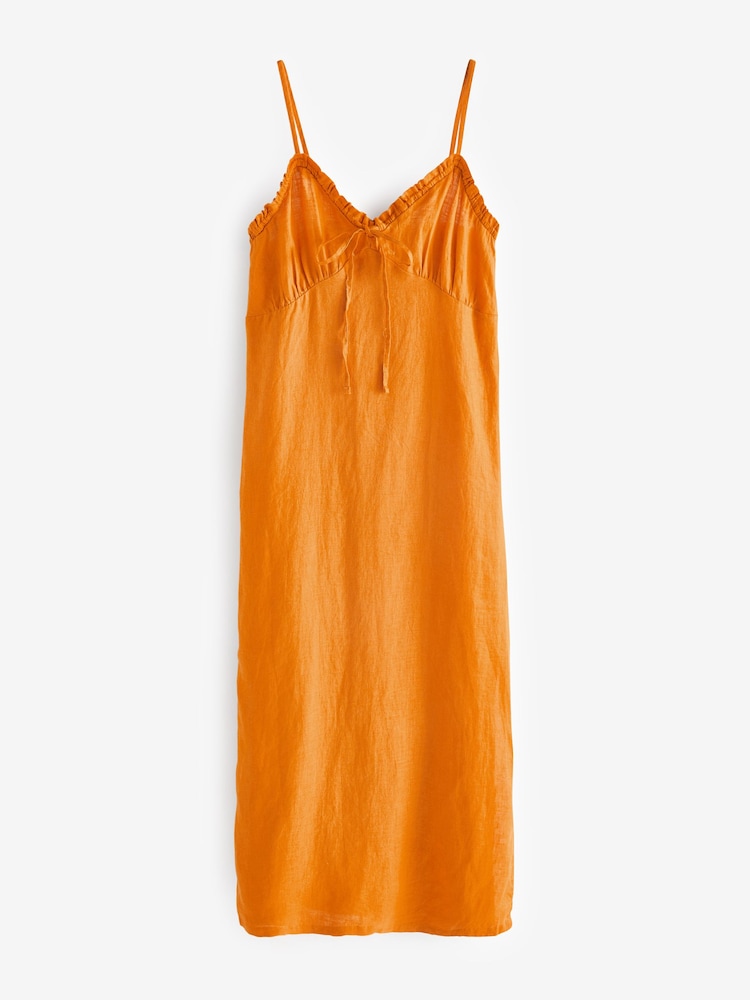 Orange Rochelle 100% Linen Ruffle Midi Summer Dress - Image 5 of 5
