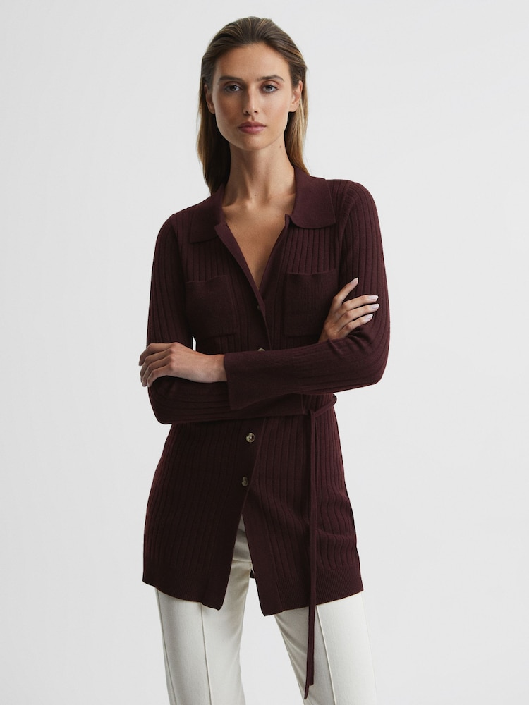 Reiss Burgundy Corrin Cashmere Blend Cardigan - Image 1 of 6