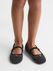 Reiss Black Amelia Crystal Detail Mesh Ballet Flats - Image 3 of 6